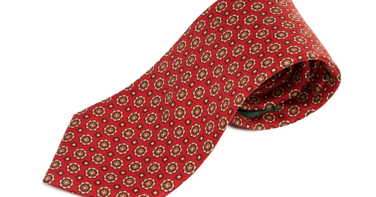 Madder Print Silk Tie in Orange Red with Buff Macclesfield Neats Micropattern - Fort Belvedere