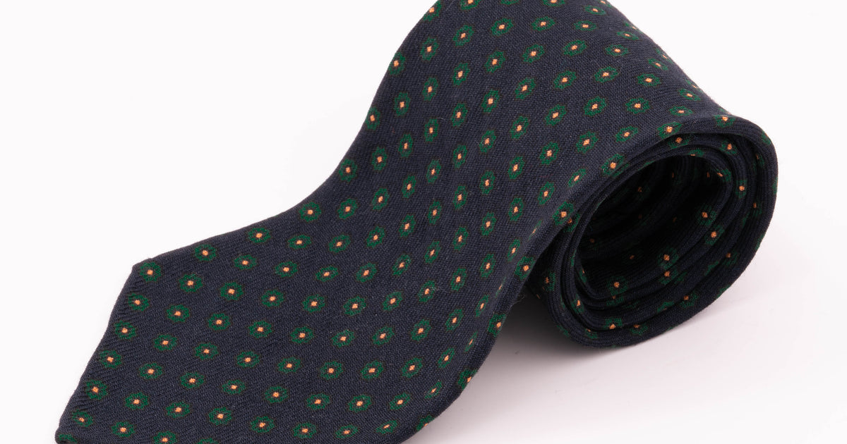 Wool Challis Tie in Navy with Green Geometric Pattern by Fort Belvedere