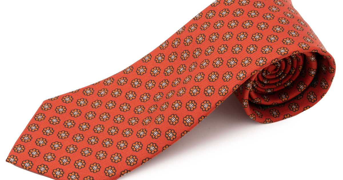 Madder Silk Tie in Orange Red with Green Macclesfield Neats - Fort Belvedere