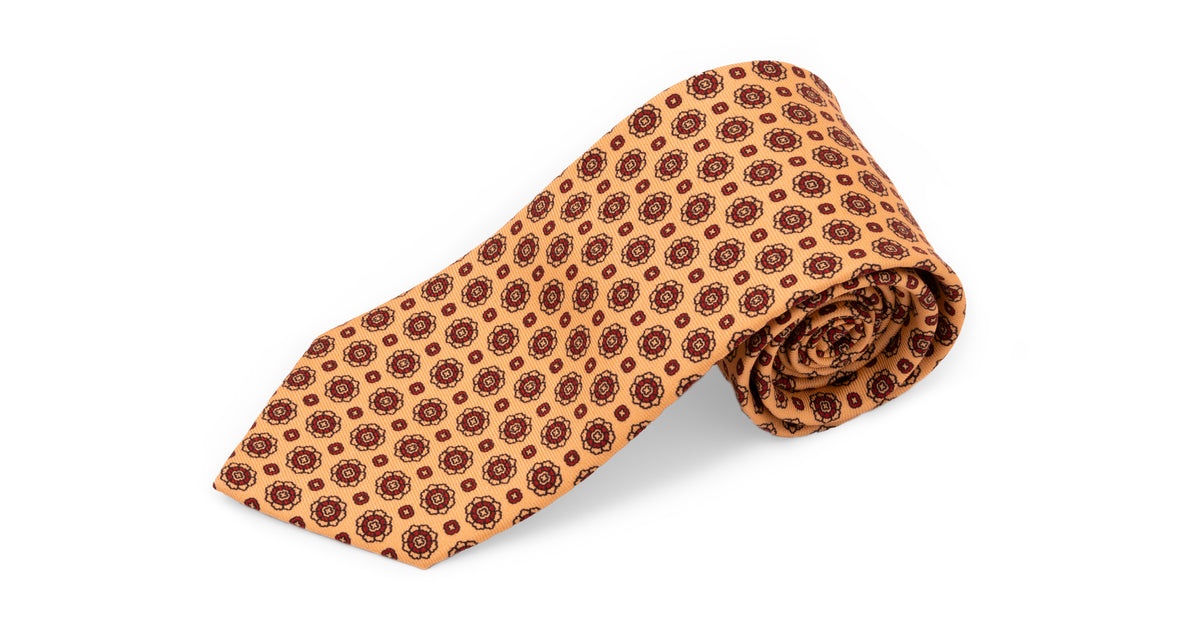 Madder Printed Silk Tie in Buff with Red Pattern by Fort Belvedere