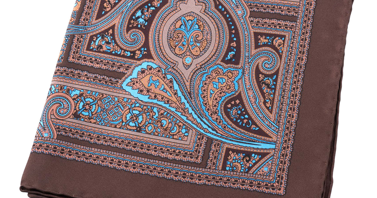 Fort Belvedere Silk Pocket Square in Brown with Blue Paisley
