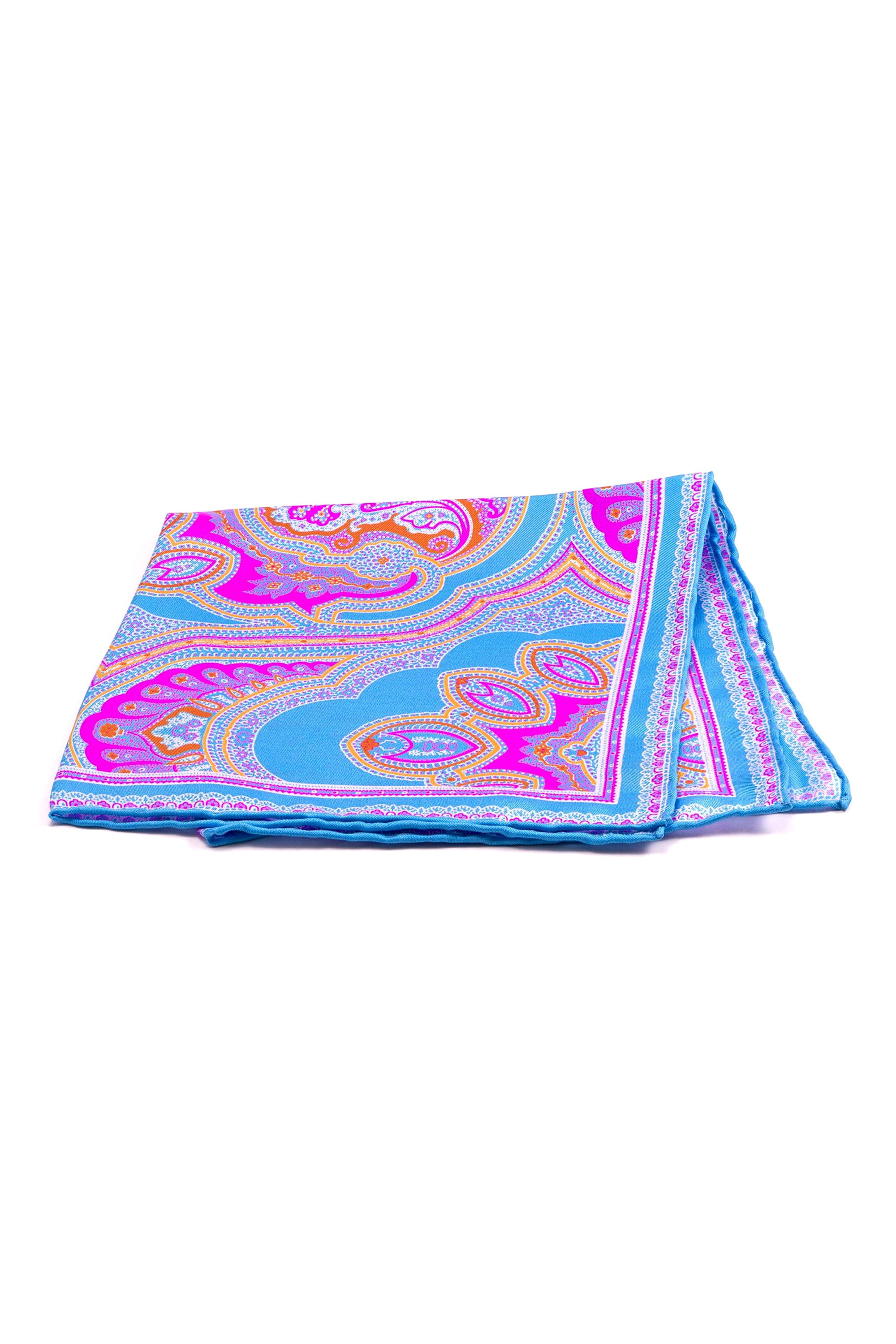 Silk Pocket Square in Light Blue with Orange & Pink Large