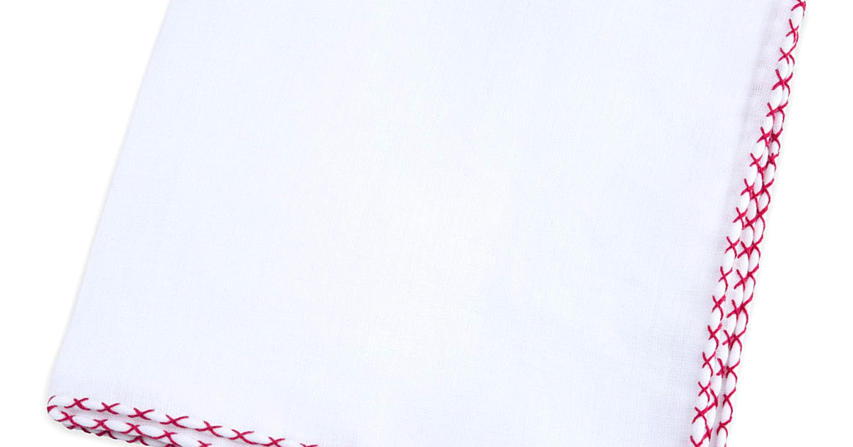 Generic White Pocket Square with Burgundy Red X-Stitch