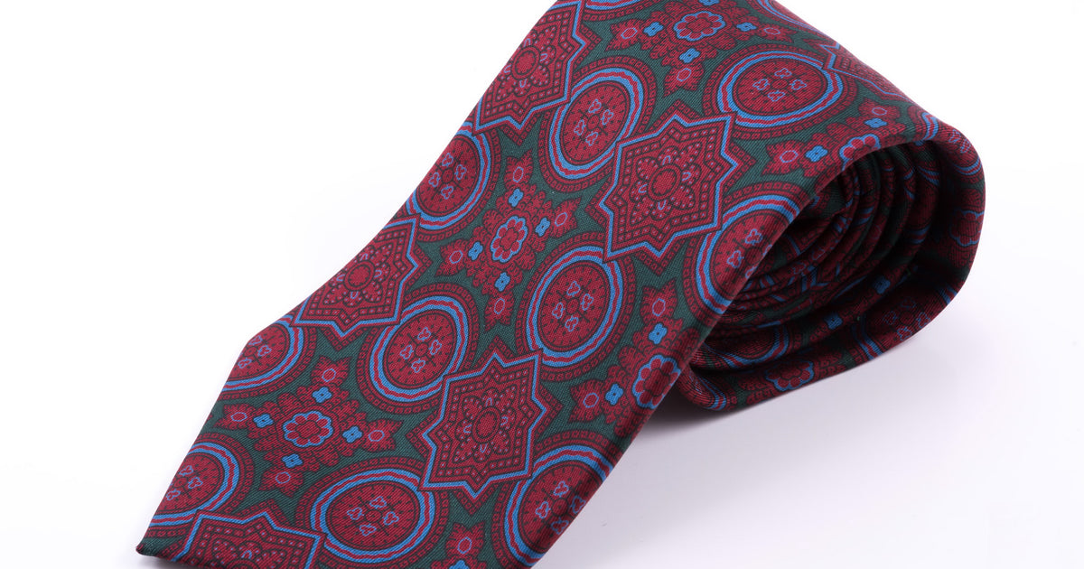 Ancient Madder Silk Tie in Dark Green with Large Burgundy & Blue Pattern Fort Belvedere