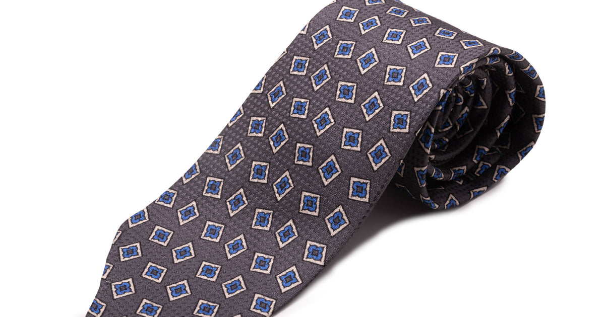 Battleship Gray Jacquard Woven Tie with Printed Light Blue and White Diamonds - Fort Belvedere