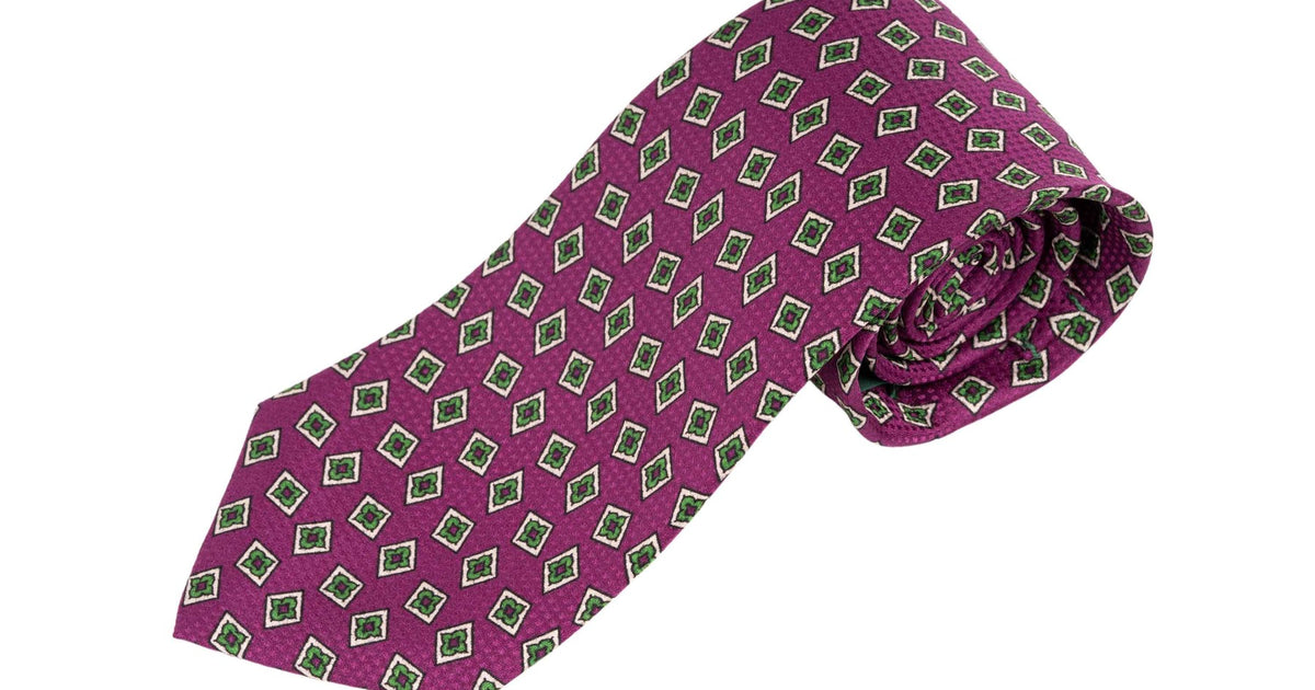 Begonia Purple Jacquard Woven Tie with Printed Green and White Diamonds - Fort Belvedere
