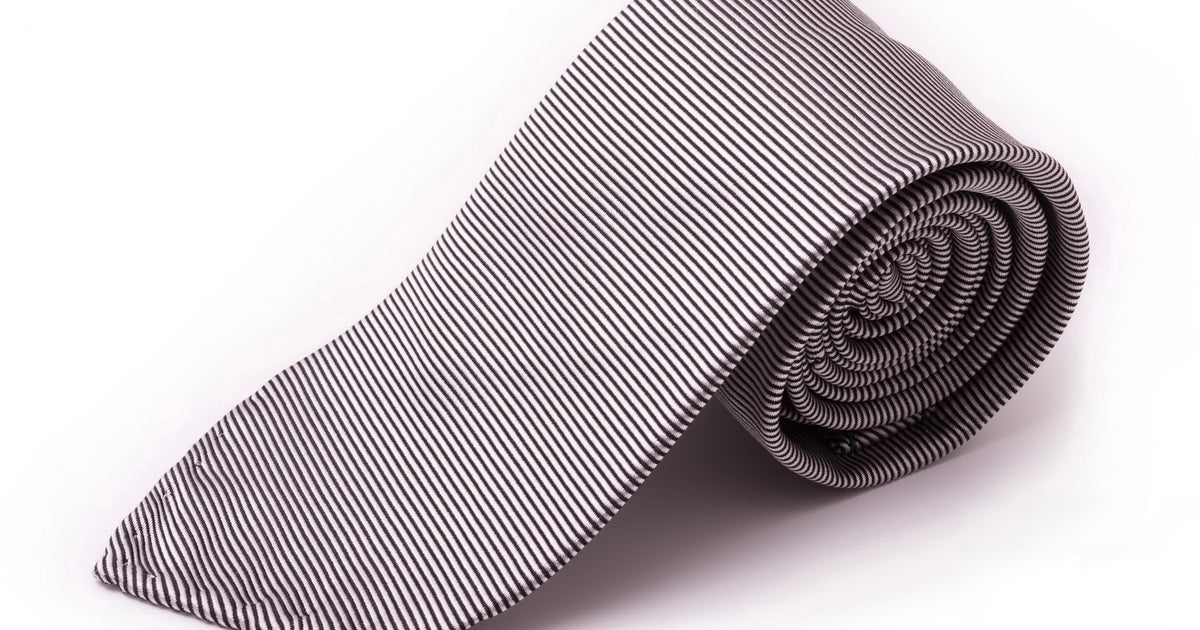 Horizontally Striped Silk Tie in Silver and Black Twill - Fort Belvedere