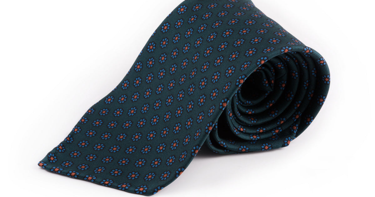 Madder Silk Tie in Bottle Green Macclesfield Neats Blue Orange Pattern - Fort Belvedere