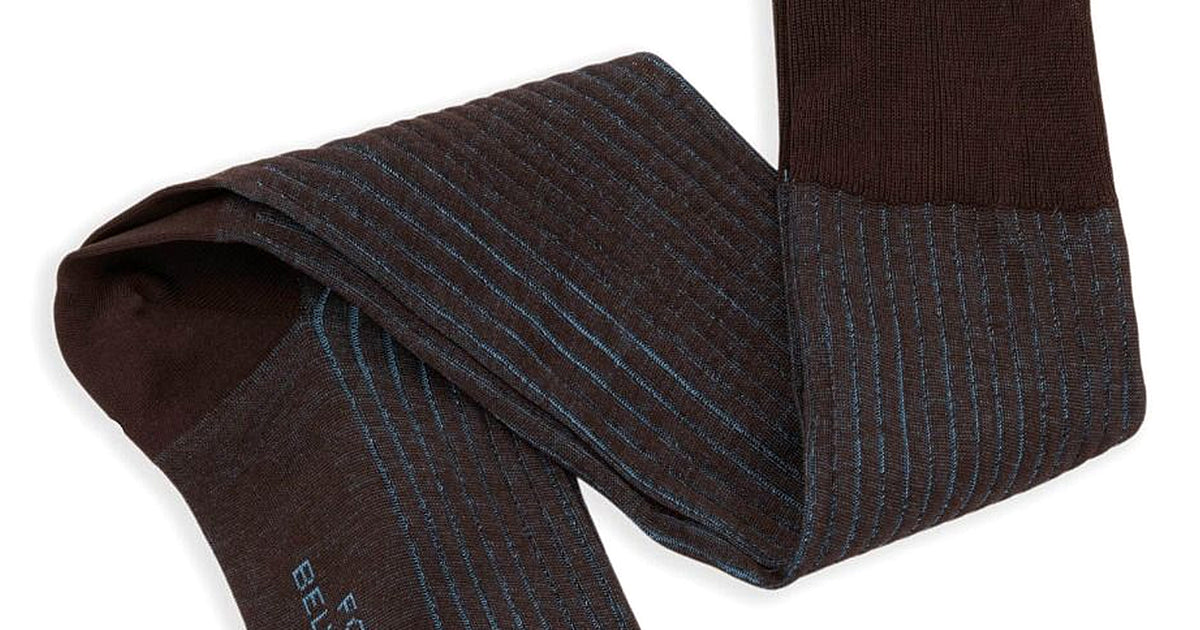 Brown and Bright Blue Shadow Stripe Ribbed Socks Fil d'Ecosse Cotton-Fort Belvedere