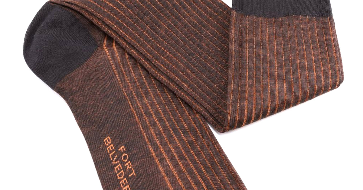 Shadow Stripe Ribbed Socks Charcoal & Orange Fil d'Ecosse Cotton - Fort Belvedere