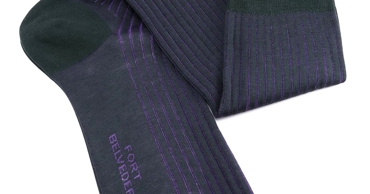 Shadow Stripe Ribbed Socks Green & Purple Fil d'Ecosse Cotton - Fort Belvedere