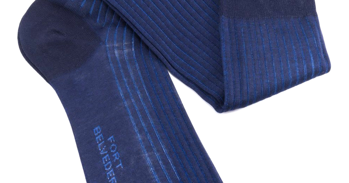 Shadow Stripe Ribbed Socks Dark Navy Blue & Royal Blue Fil d'Ecosse Cotton - Fort Belvedere