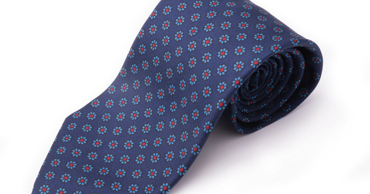 Madder Silk Tie in Dark Blue, Light Blue and Red Macclesfield Neats - Fort Belvedere