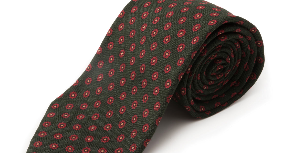 Wool Challis Tie in Olive Green with Small Geometric Pattern in Red and Orange - Fort Belvedere