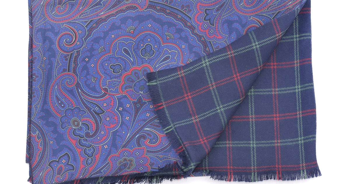 Double Sided Blue Silk Wool Scarf with Paisley by Fort  display picture 2