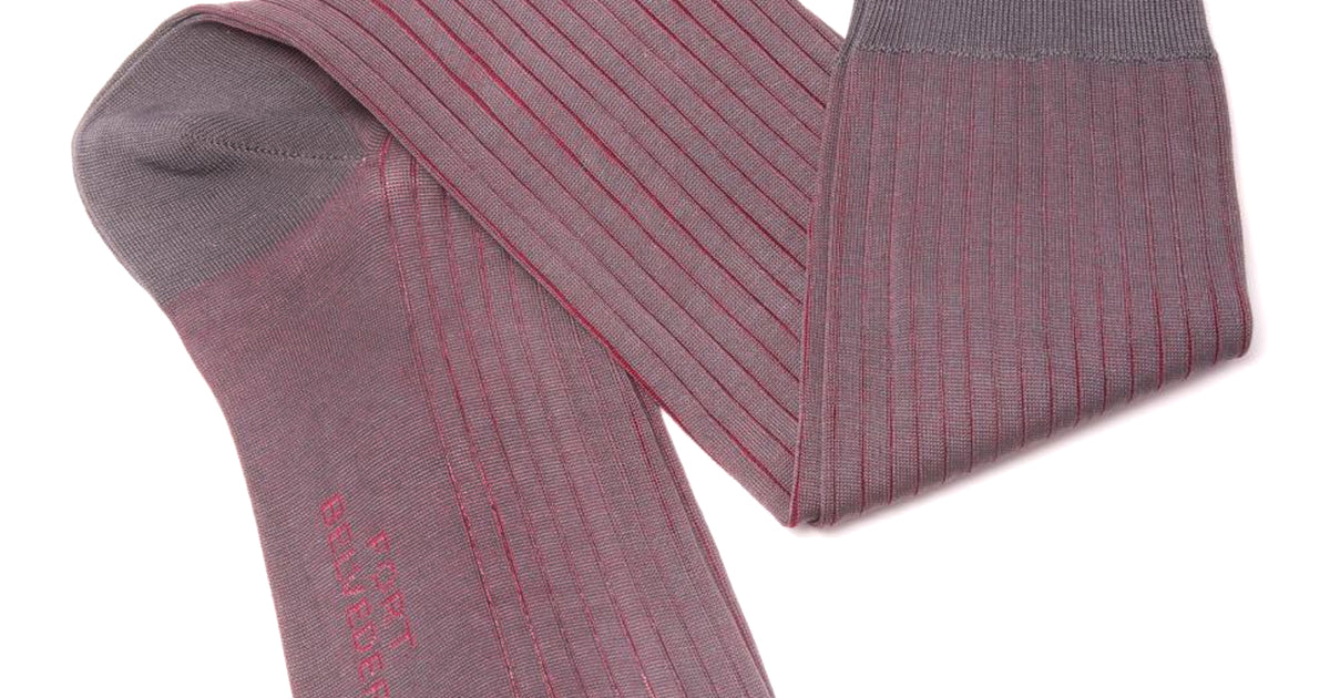 Shadow Stripe Ribbed Socks Grey and Burgundy Red Fil d'Ecosse Cotton - Fort Belvedere