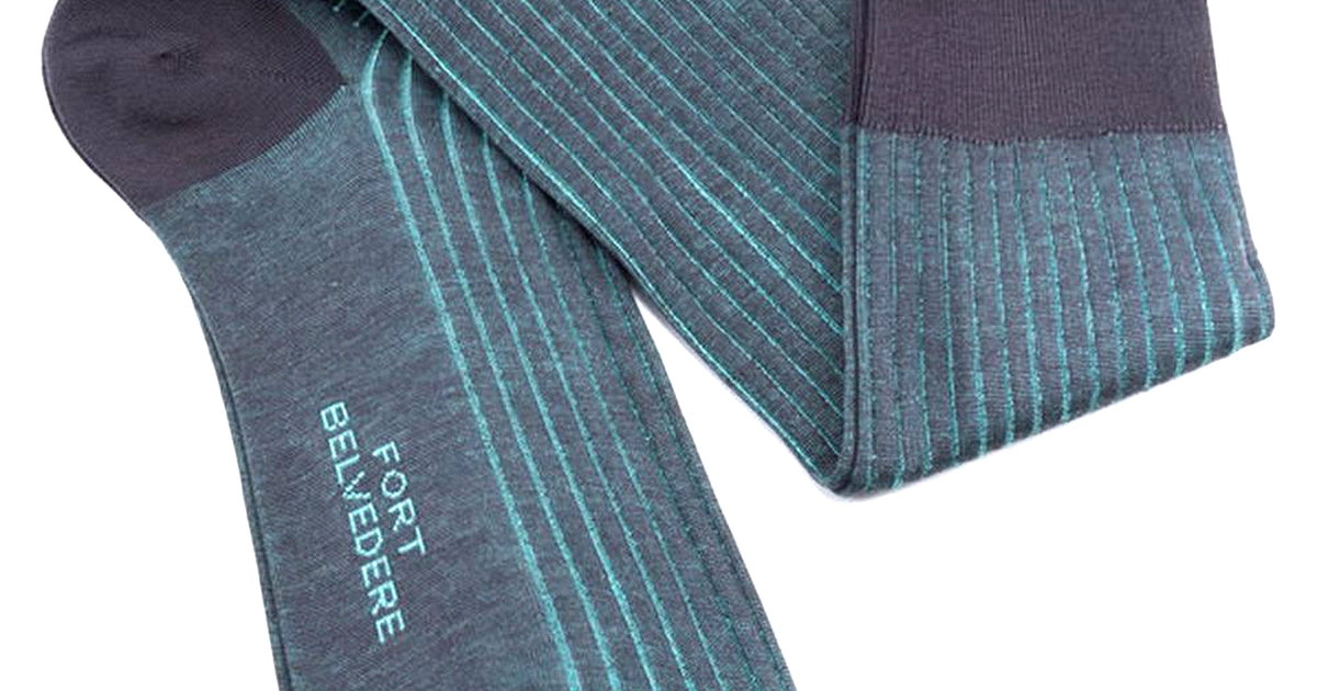 Shadow Stripe Ribbed Socks Grey & Turquoise Green Fil d'Ecosse Cotton - Fort Belvedere