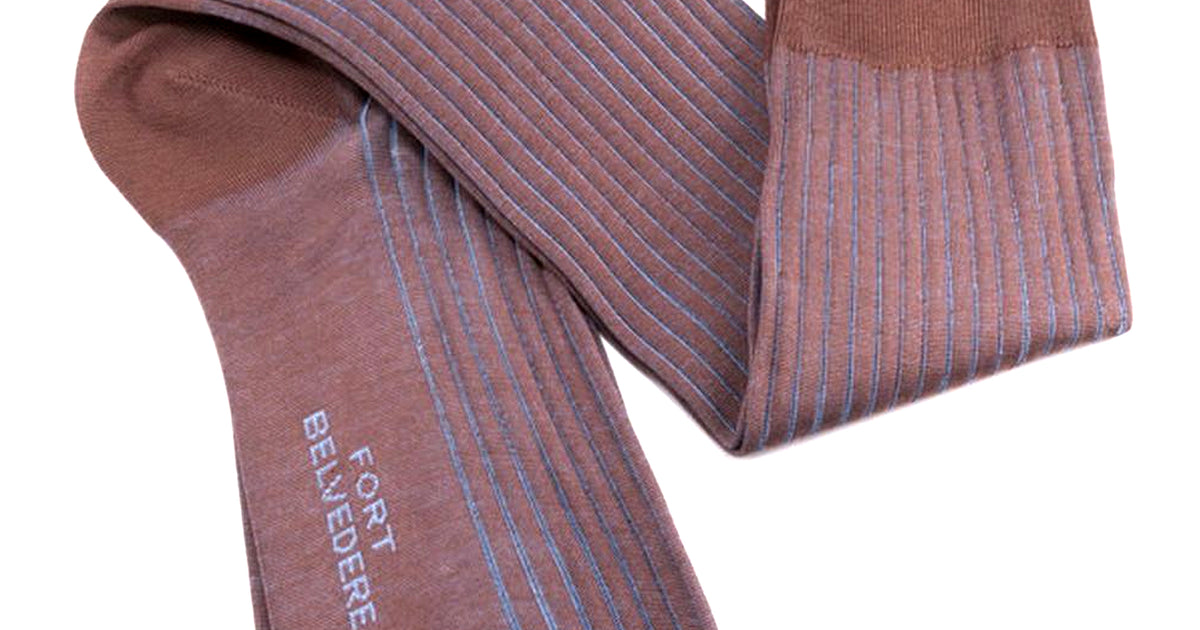 Shadow Stripe Ribbed Socks Light Brown & Blue Fil d'Ecosse Cotton - Fort Belvedere