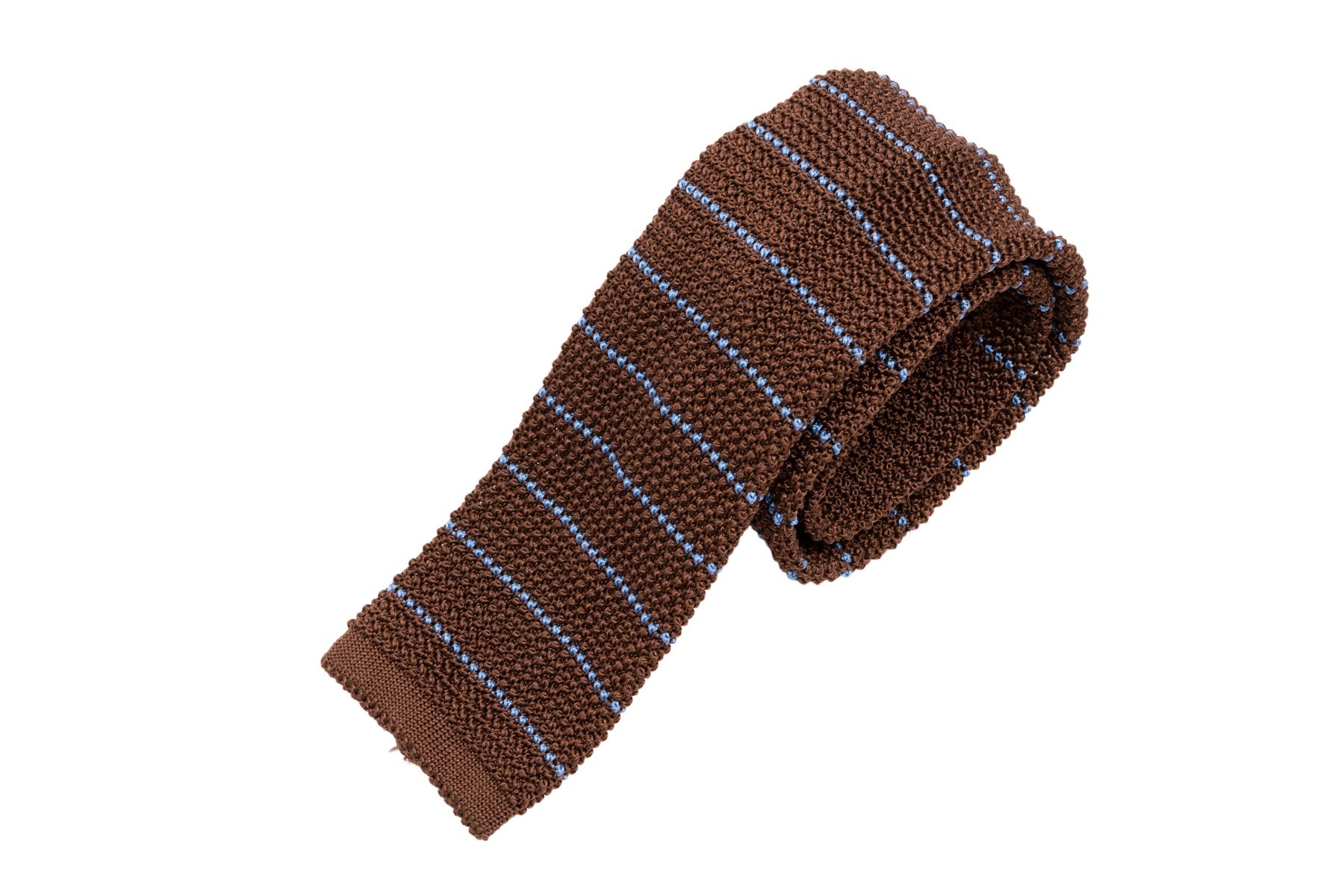 Knit Tie in Brown Silk with Fine Blue Stripe - Fort Belvedere