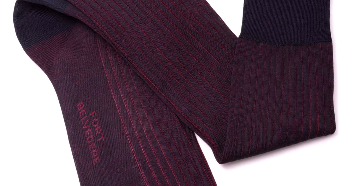 Midnight Blue & Burgundy Shadow Stripe Ribbed Socks Fil d'Ecosse Cotton - Fort Belvedere