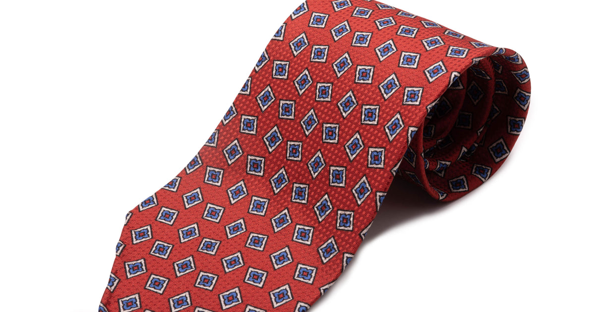 Orange Red Jacquard Woven Tie with Printed Diamonds in Blue and White - Fort Belvedere