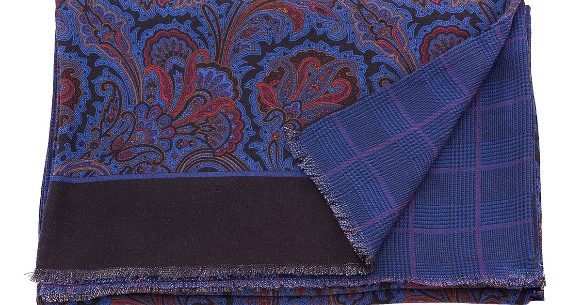 Royal Blue Paisley Glen Check Reversible Scarf