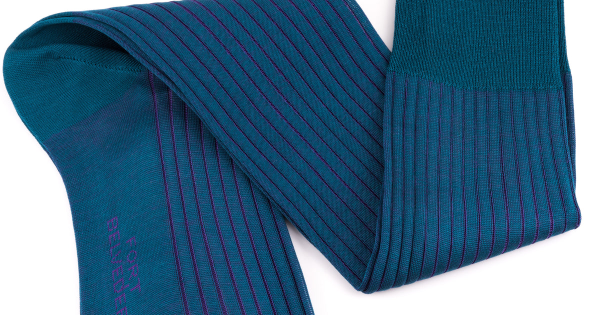 Teal and Purple Shadow Stripe Ribbed Socks Fil d'Ecosse Cotton - Fort Belvedere