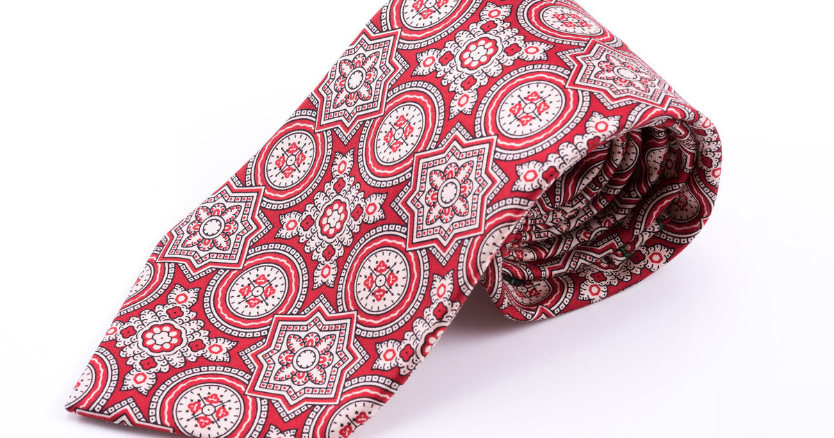 Ancient Madder Silk Tie in Red with Large Buff & Black Pattern Fort Belvedere