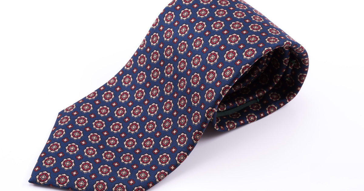 Madder Printed Silk Tie in Blue with Red & Buff Pattern by Fort Belvedere