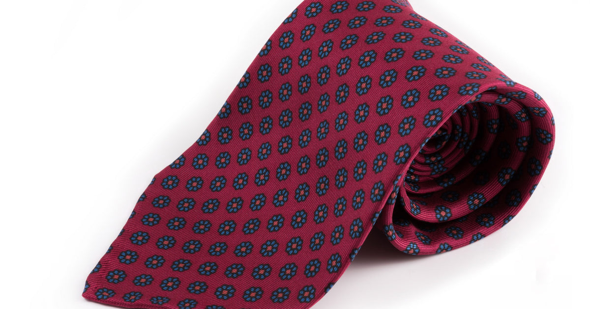 Madder Silk Tie in Dark Ruby Red Macclesfield Neats Blue Orange Pattern - Fort Belvedere