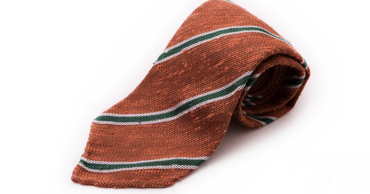 Shantung Striped Bronze Orange, Green, and Cream Silk Tie - Fort Belvedere