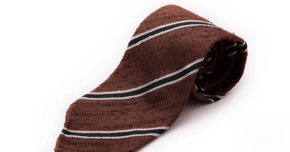 Shantung Striped Brown, Bottle Green and White Silk Tie - Fort Belvedere