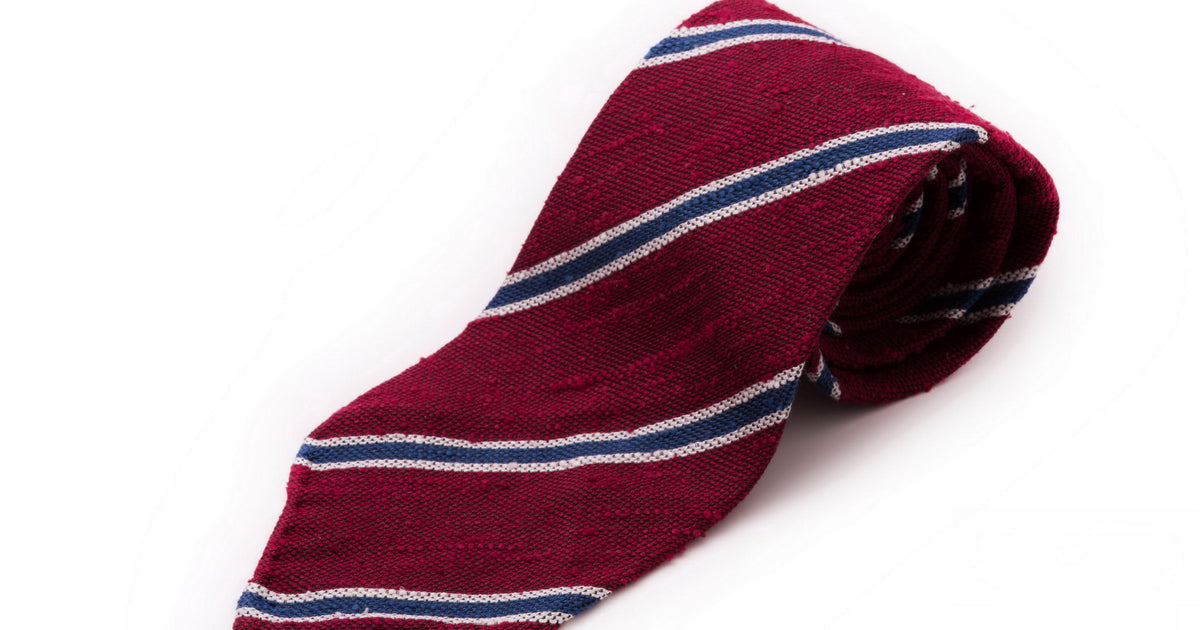 Shantung Stripe Dark Red, Blue and White Silk Tie - Fort Belvedere