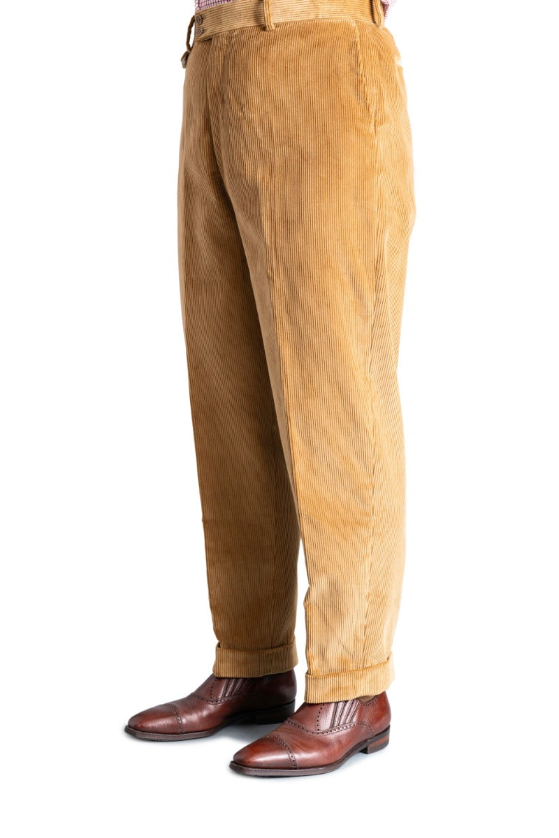 Camel Corduroy Trousers -Stancliffe Flat-Front in 8-Wale Cotton by