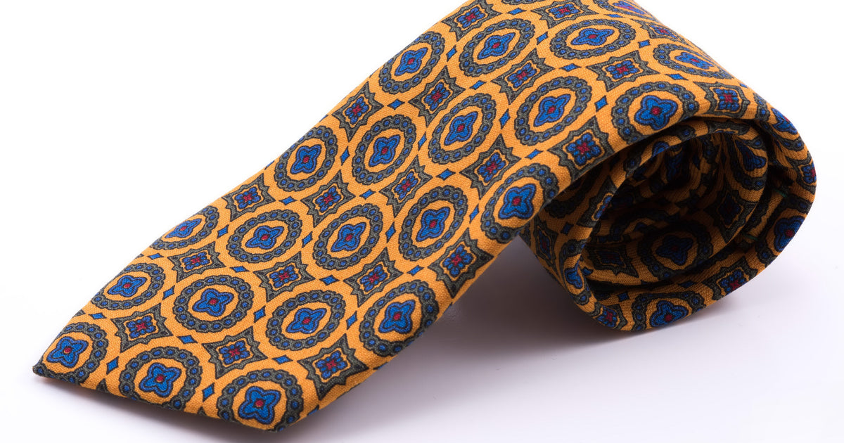Wool Challis Tie in Sunflower Yellow with Green,Blue & Red Pattern - Fort Belvedere