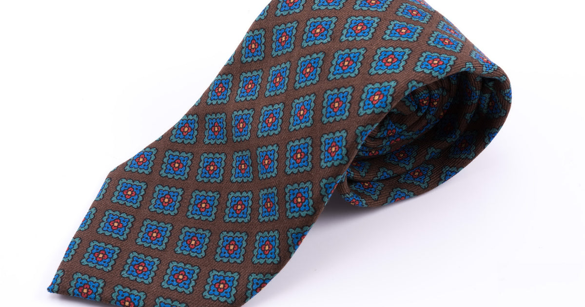 Wool Challis Tie in Brown with Green, Blue, Orange, Yellow Pattern - Fort Belvedere