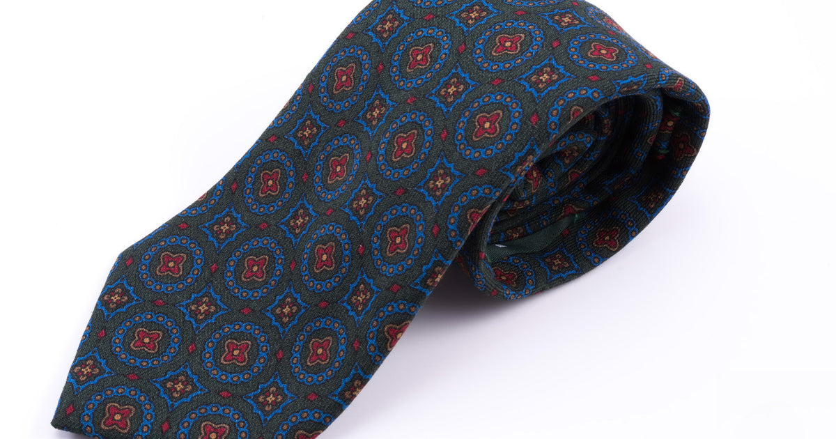 Wool Challis Tie in Dark Green with Blue, Yellow & Orange Pattern - Fort Belvedere