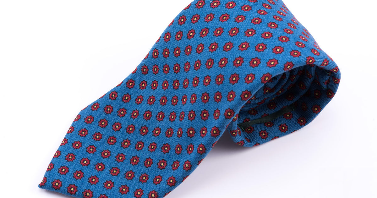 Wool Challis Tie in Mohair Blue with Geometric Pattern by Fort Belvedere