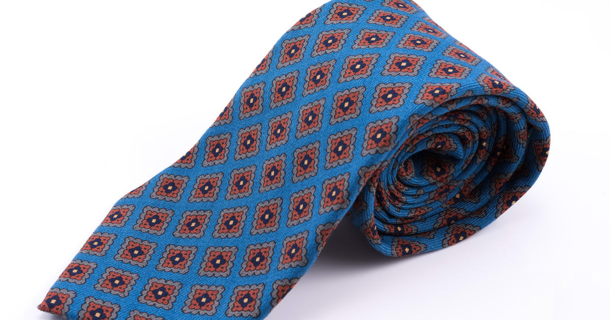 Wool Challis Tie in Turquoise with Gray, Orange, Navy & Yellow Pattern - Fort Belvedere