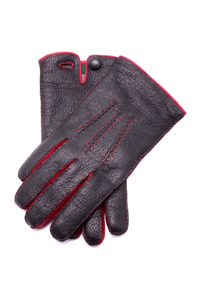 Black and Red Peccary Gloves Handmade, Cashmere Lined and