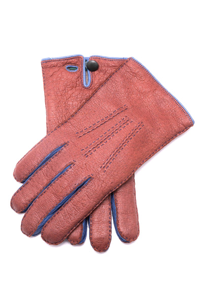 Brown and Blue Peccary Gloves Handmade, Cashmere Lined and Waterproof