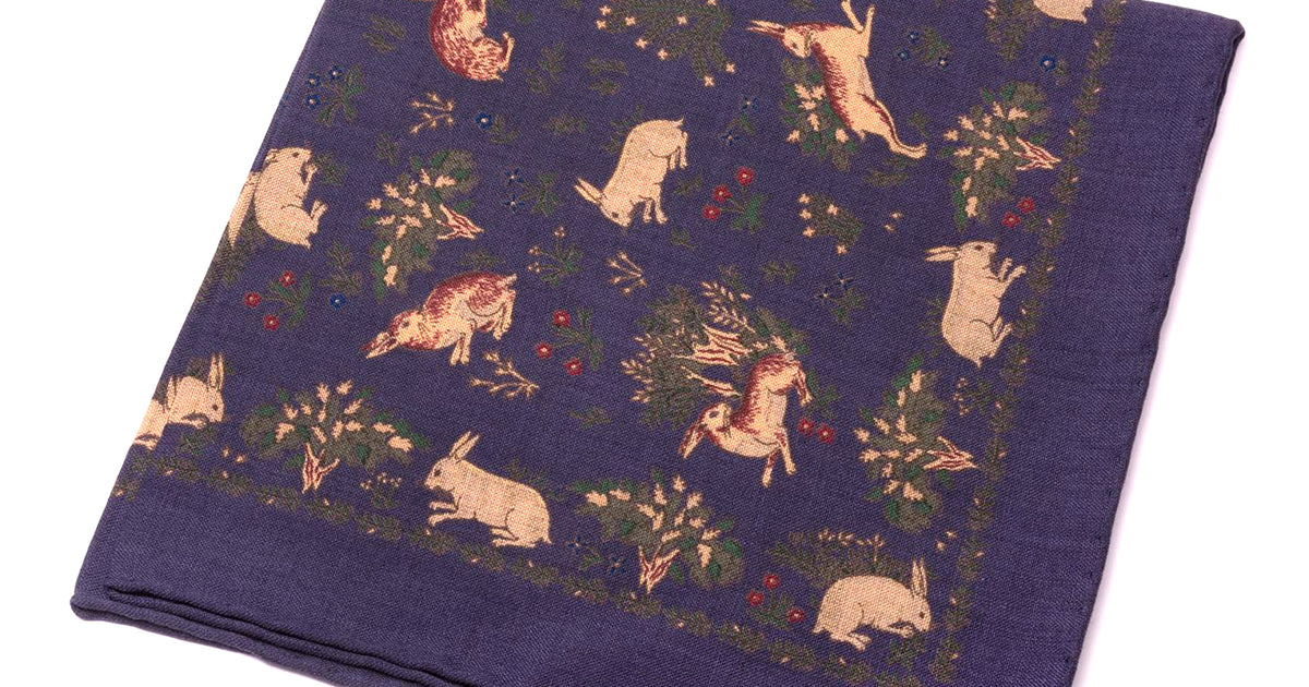 Buff Rabbits on navy blue with Green Silk Wool Pocket Square - Fort ...