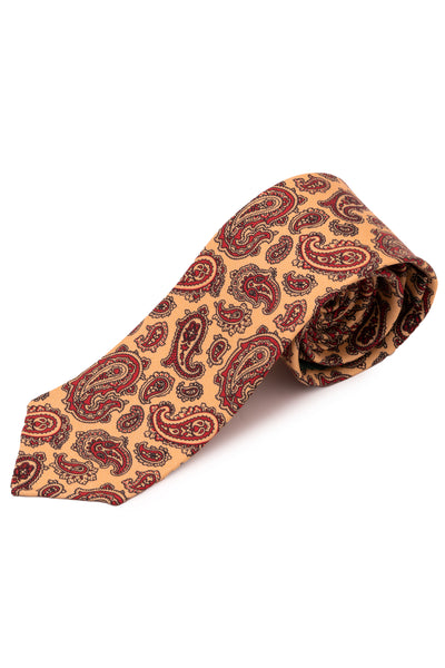 Paisley Madder Silk Tie in Buff Pale Yellow with Red & Black