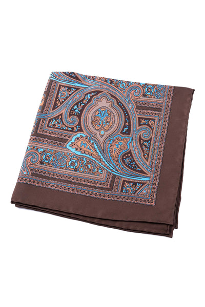 Fort Belvedere Silk Pocket Square in Brown with Blue Paisley