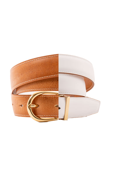 White Boxcalf & Undyed Natural Veg-Tan Leather Belt  display picture 3