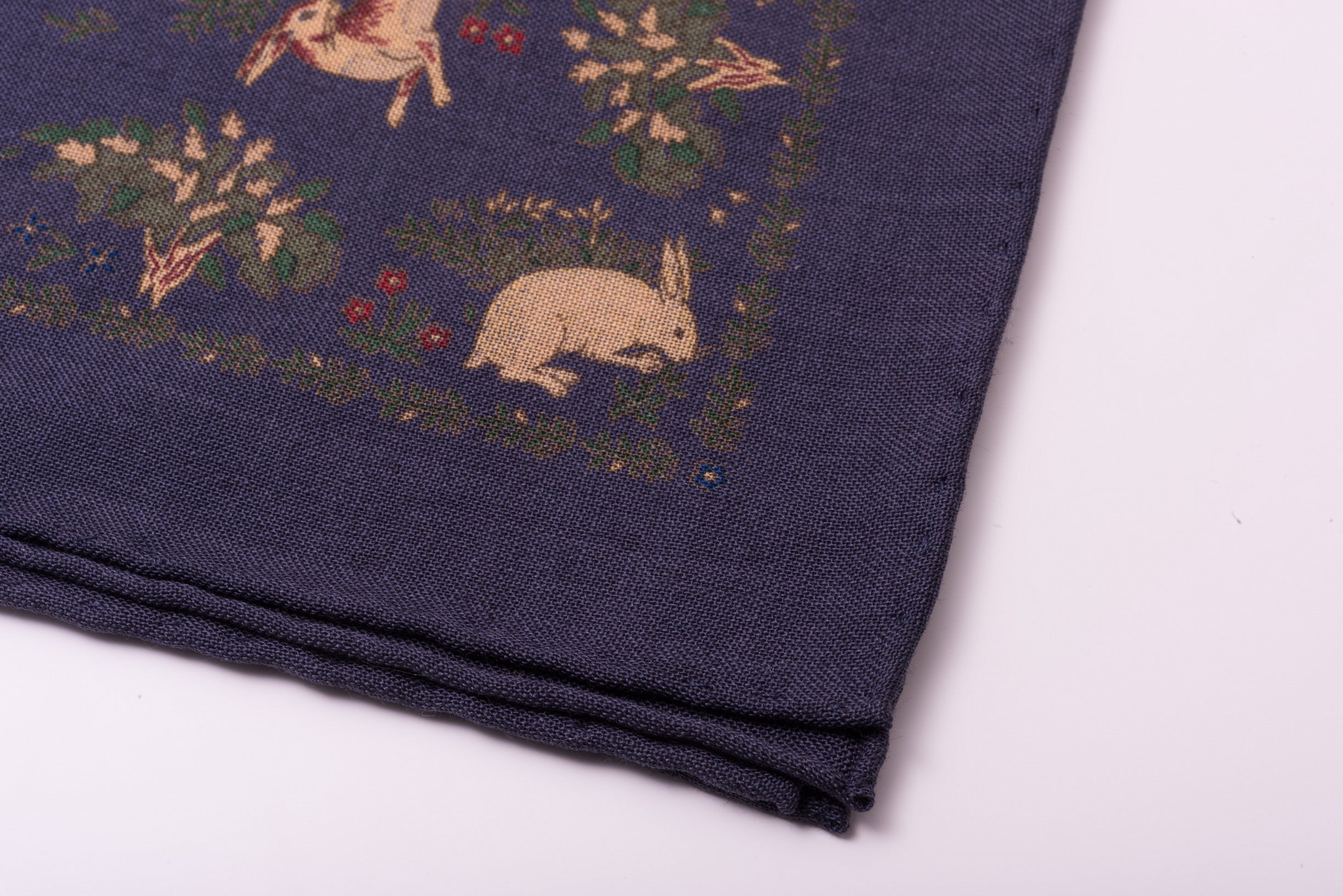 Buff Rabbits on navy blue with Green Silk Wool Pocket Square - Fort ...