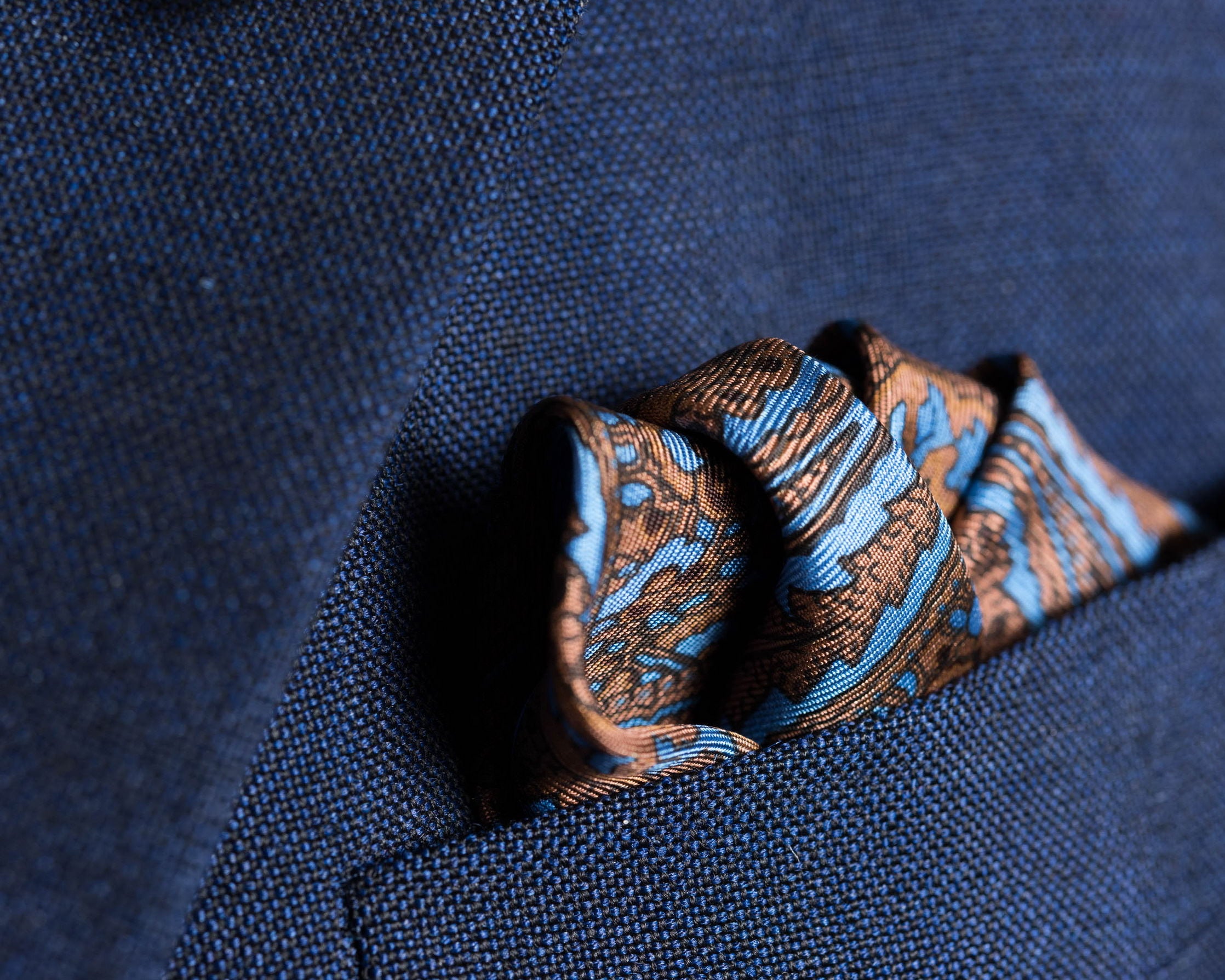 Brown Gold Paisley on Sky Silk Pocket Square main image 1