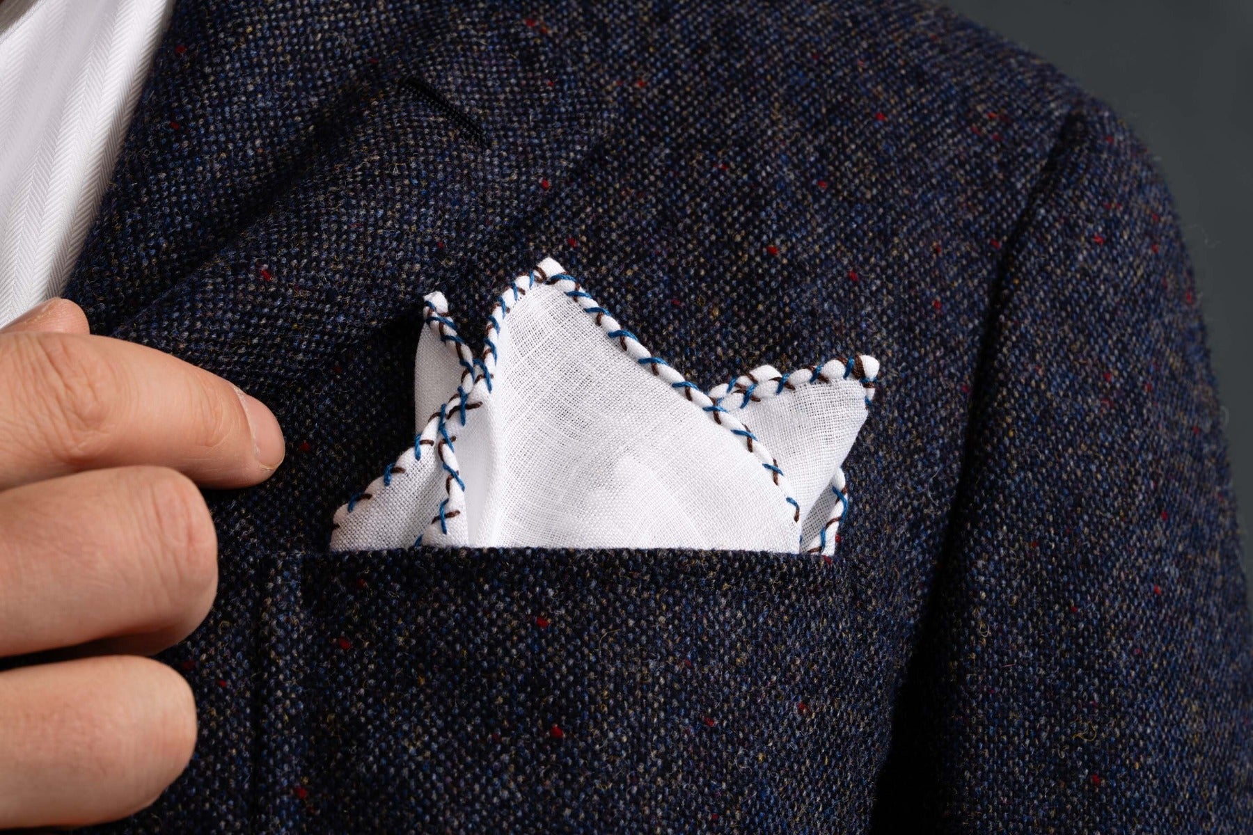 White Linen Pocket Square with Brown and Bright Blue X-stitch - Fort ...