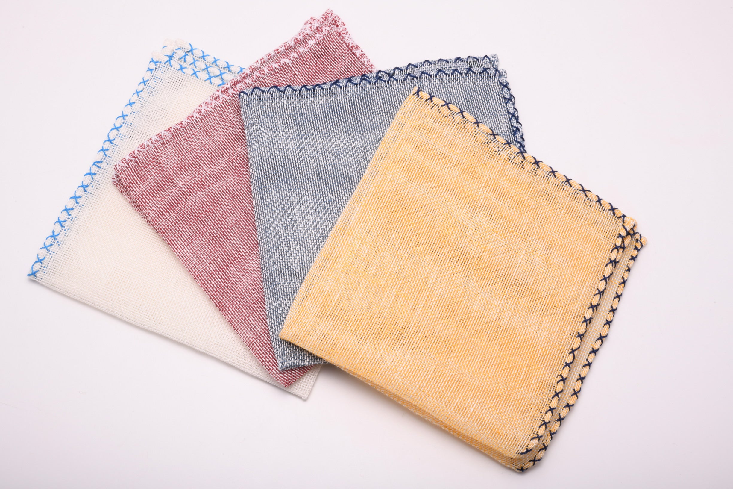 White Handcrafted Linen Pocket Square with Light Blue Handrolled X ...
