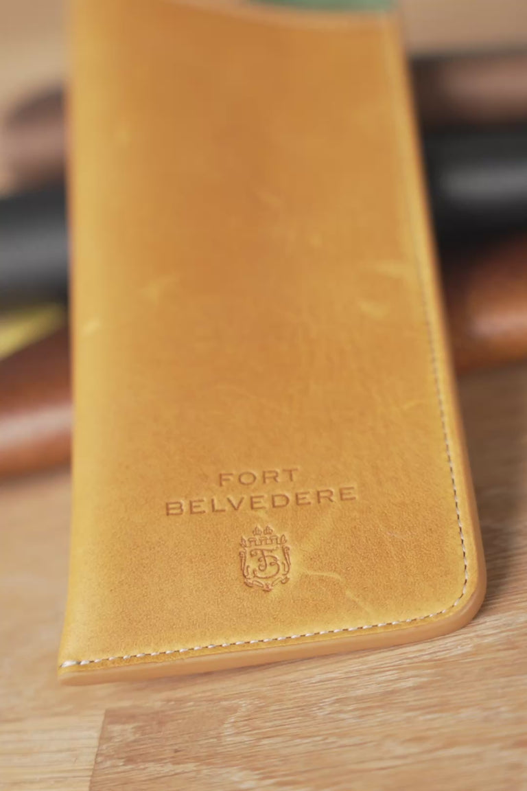Looping video of a Fort Belvedere Vintage Gold & Sage Green Suede Leather Soft Eyeglass Case